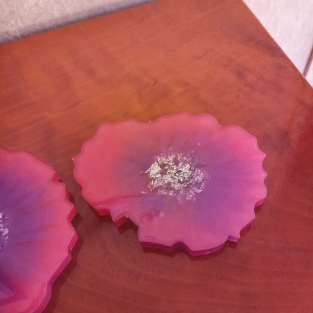 Geode resin coasters set candle drink coasters pink purple and silver new